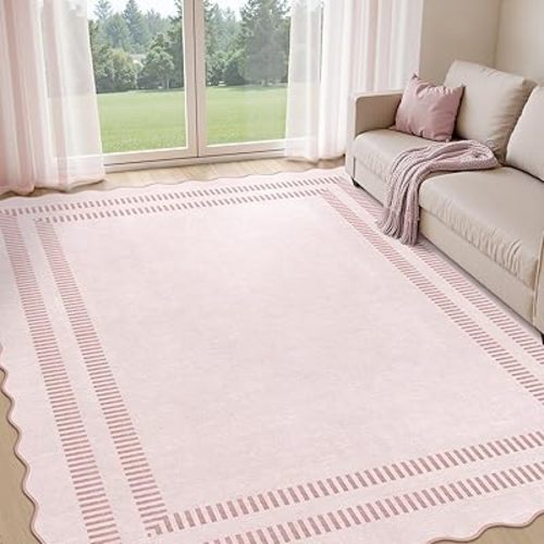 Pink Rugs for Living Room 8x10, Soild Machine Washable Area Rugs for Bedroom Girls, Non Slip Ultra-Thin Low-Pile Carpet for Playroom Nursery Kids Room