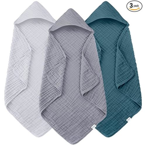 Muslin Hooded Baby Bath Towels - 3 Pack 100% Cotton Ultra-Soft Towels for Newborns, Infants, Toddlers - 32x32 Inch - Highly Absorbent, Quick-Dry Essentials for Bath, Beach, Pool, Grey Blue Series