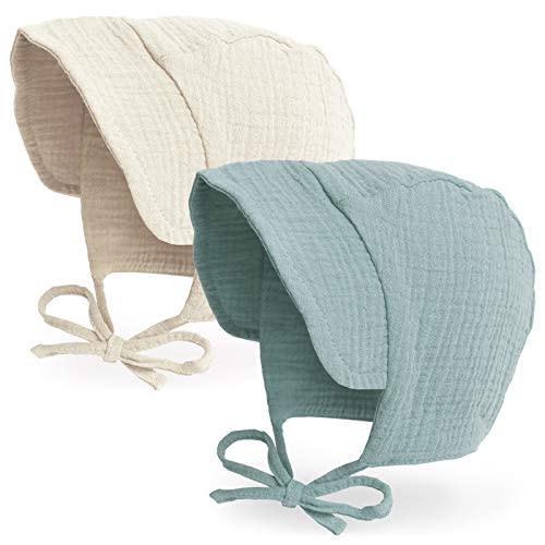 JELLYTREE Baby Hat Brimmed Sun Bonnet Muslin Double Gauze Toddler Sun Hat Infant Boys Girls Beanie Caps, 6m 12m 24m