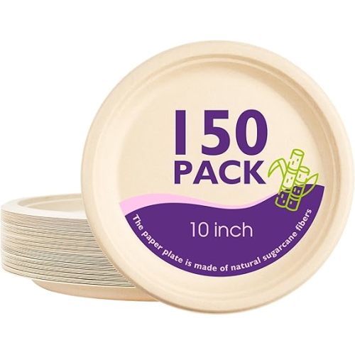 PACKINNO 10 Inch, 150 Pack Compostable Paper Plates Round Unbleached Brown Plates Made from Natural Sugarcane Fibers, Biodegradable Heavy Duty Disposable Plates for Party, Camping, Picnic