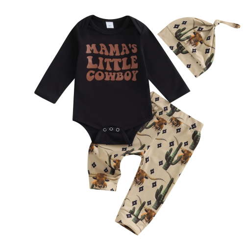 Baby Boys Pants Set, Long Sleeve Crew Neck Letters Print Romper with Cow Cactus Print Sweatpants and Hat Fall Outfit