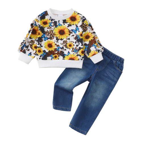 18 Months Baby Girls Clothes 24 Months Girls 2PCS Denim Outfits Set Sunflower Print Toddler Girls Long Sleeve Top Denim Pants Set Yellow