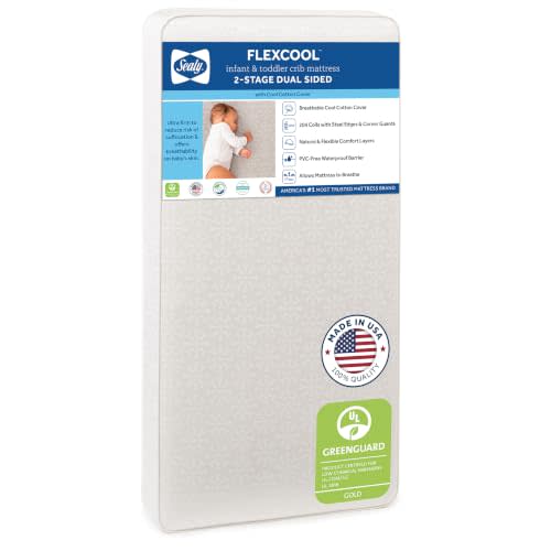 Sealy Baby Flex Cool 2 Stage Crib Mattress and Toddler Bed Mattress, Breathable Hybrid Coil Design, Waterproof Cotton Surface, GREENGUARD GOLD Certified, Standard 52x28 Size