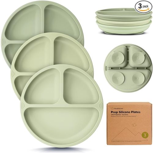 KeaBabies Suction Plates for Baby, Toddler - 3-Pack 100% Silicone Toddler Plates with Suction, Divided, BPA-Free Baby Led Weaning Essentials for Kids, Dishwasher, Microwave Safe, Durable (Sage)