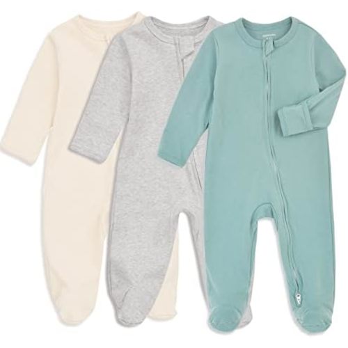 Aablexema Baby Footie Pajamas with Mitten Cuffs, Double Zipper Infant Cotton clothes Sleeper Pjs, Footed Sleep Play (0-3m, Ivory & Grey & Blue)