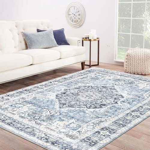 Area Rug 6×9, Large Vintage Boho Rug,Ultra-Soft Low Pile, Washable, Non Slip,Stain Resistant, Printed Carpet for Living Room Bedrooms Playroom Office Kitchen, Light Blue