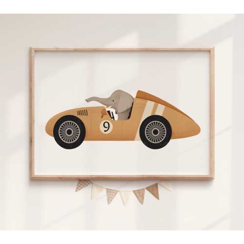 Elephant Racing Car Nursery Print: Whimsical Safari Animal Art