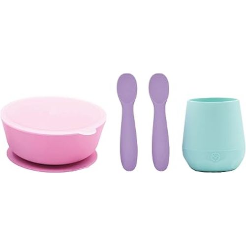 WeeSprout First Feeding Set - Silicone Baby Training Cup 2 Oz, Suction Bowl 10 Oz with Lid & 2 Baby Led Weaning Spoons - For Children 4+ Months - Non-Slip Grip - Dishwasher & Microwave Safe
