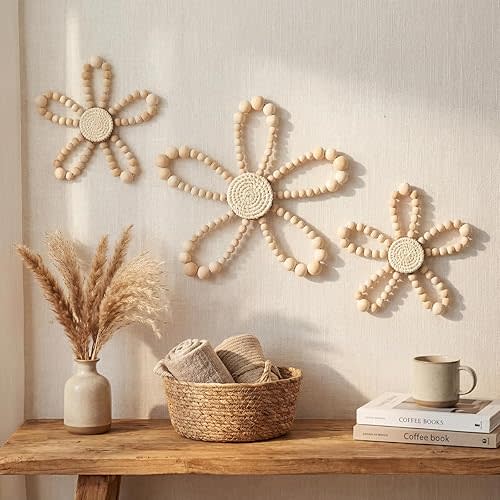 3 Pcs Boho Daisy Flower Wall Decor, Wood Bead Daisy Wall Art, Beaded Wildflowers, Farmhouse Boho Nursery Decor for Baby Girls Kids Bedroom Dorm Playroom, 7.87'', 5.91'', 4.72''