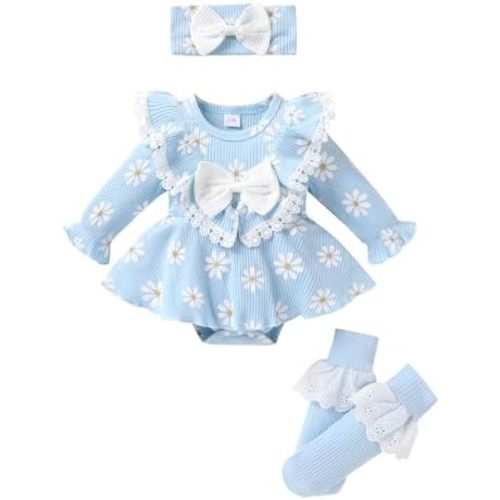 Mameluco de encaje con volantes y calcetines a juego y diadema acanalada para bebé recién nacido, 0-18 meses