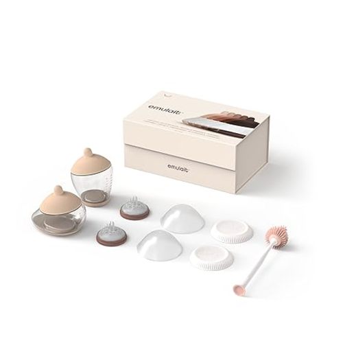 Emulait Baby Bottle Starter Kit Includes 2 Bottles 2 Nipples 2 Caps 2 Lids 2 Responsive Flow Valves, Cleaning Brush - Fair - Shape 1-RFV