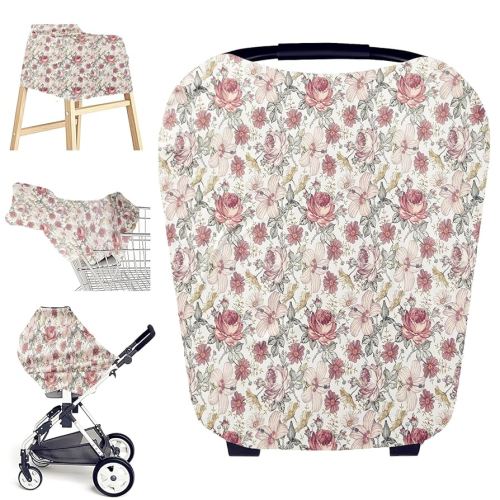 Little Jump Multi-use Baby Carseat Cover, Western Wild Flowers Breathable Nursing Cover, High Stretchy Infant Carseat Canopy, Stroller Cover, Car Seat Covers for Bbies, Boys & Girls (Vintage Floral)