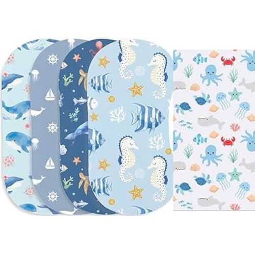 5-Pack Baby Burp Cloths for Boys,100% Muslin Cotton Super Absorbent Burping Rags, Ultra Soft Large Washcloths with Whale & Seahorse Ocean Prints, Newborn Essentials Gift Set