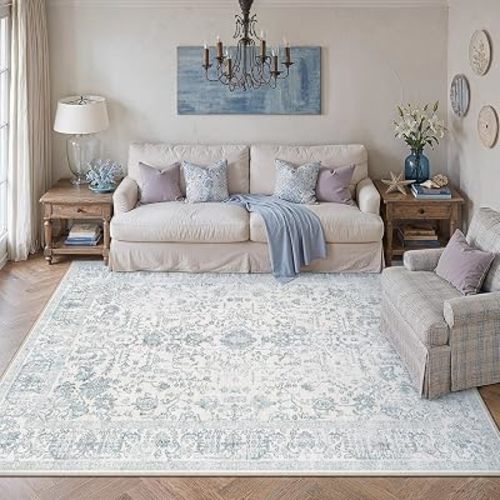 PureCozy Blue 5x7 Washable Area Rug for Living Room Vintage Floral Carpet