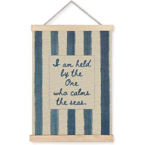 Yomisex Inspirational Christian Coastal Wall Art Poster, I Am Held By The One Who Calms The Seas Blue Beige Stripe Christian Ocean Beach Bible Verse Wall Art Framed for Home Church Decor, 12x16 Inch