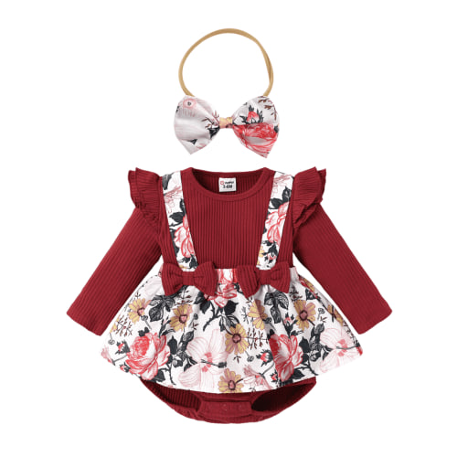 PatPat Ribbed Floral Baby Romper Dress Long Sleeve,Long Sleeve Bodysuits Infant Jumpsuit Clothes,0-18month