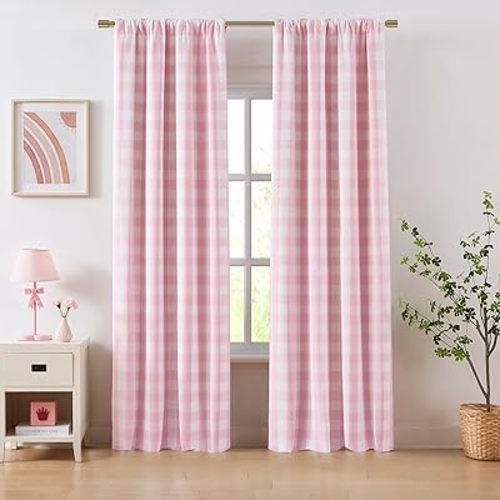 Pink White Buffalo Plaid Full Blackout Curtains 84 Inches Long,Girls Room Thermal Insulated Drapes for Bedroom Living Room,Modern Window Treatment,Rod Pocket Back Tabs,Pink/White(Pack of 2)