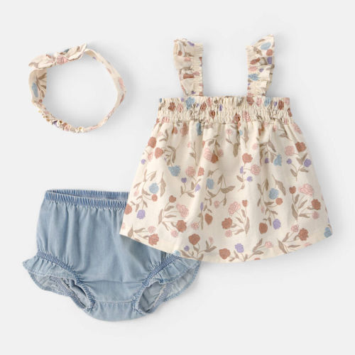 2-Piece Floral Short-Sleeve Bodysuit Dress, Brown/Blue