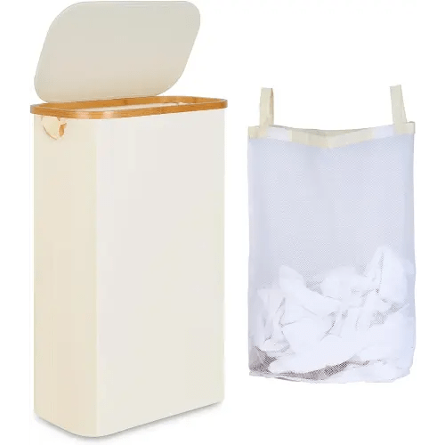 Slim Laundry Hamper, Narrow Laundry Basket with Lid,Foldable Clothes Hamper with Bamboo Handles,Hamper Basket with Removable Inner Bag for Laundry Room Bedroom College Dorm,60L Beige