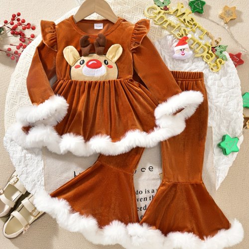 Girls' Christmas Party Outfit - Reindeer with Long Sleeve Top & Flared Pants, Cute Cartoon Design, Brown & White, Perfect for Holiday Celebrations, Christmas Clothes for Girls, Winter Children'S Clothing, Playful Kids Fashion, Medium Elast