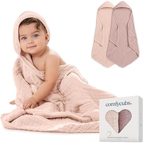 Comfy Cubs Hooded Baby Towel 2-Pack, Large 32 x 32 Inch - 6 Layer 100% Muslin Cotton for Babies, Toddlers, Kids - Soft & Absorbent Baby Bath Towels - Unisex Design for Bath Time, Mauve and Blush
