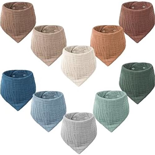 Konssy Muslin Baby Bibs 10 Pack Baby Bandana Drool Bibs 100% Cotton for Unisex Boys Girls, 10 Solid Colors Set for Teething Drooling