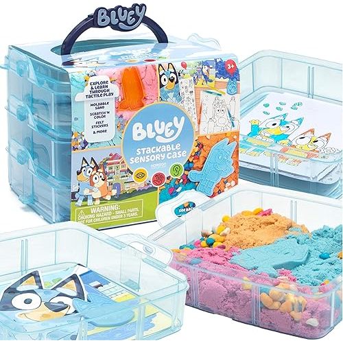 Bluey Stackable Sensory Case - Reusable Bin With Stickers, Play Sand Bags, Coloring Activities, Toys for Toddlers 1-3, Sensory Toys, Medium