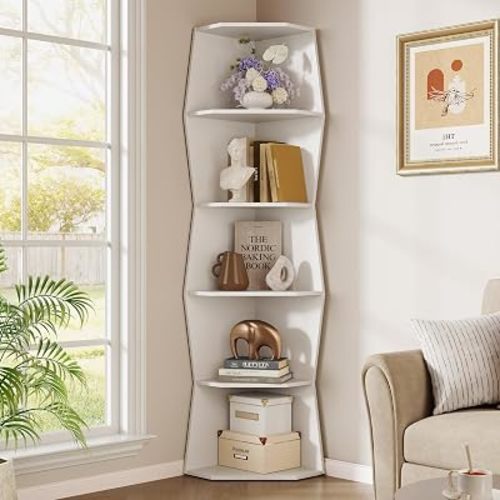 Wavy Corner Shelf, Modern 6-Tier Irregular Wooden Corner Bookshelf, Narrow Tall Display Bookcase for Living Room, Bedroom
