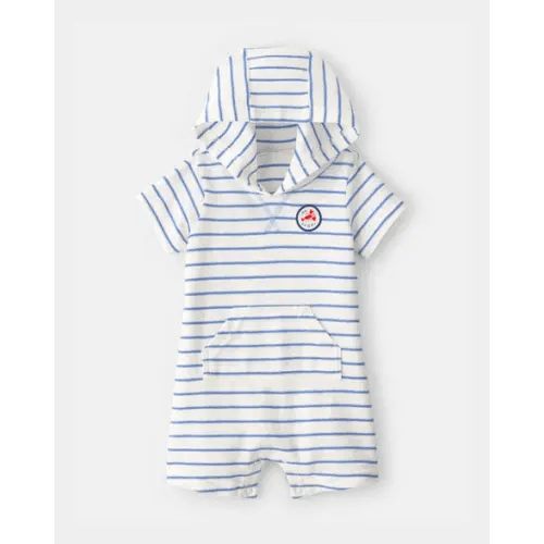 Baby Boy 'Oh Snap!' Lobster Stripe Short-Sleeve Hooded Romper - Blue/White | Carter's