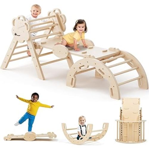 COSYLAND Pikler Triangle Set - 8 in 1 Large Montessori Climbing Toys for Indoor - Wooden Foldable Jungle Gym for Toddler & Baby, CPC/SOR/CE Certified Enjoys Unique Patented Design, Natural