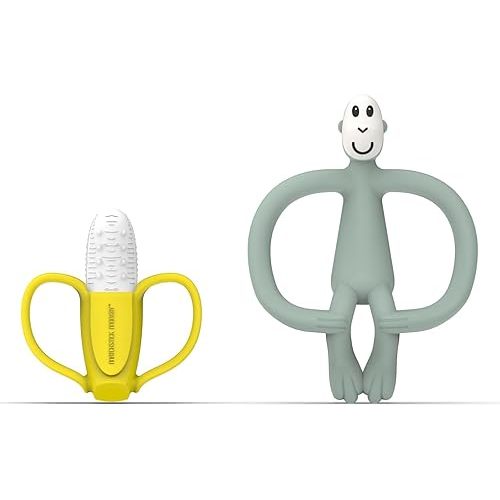 Matchstick Monkey Teething Gift Set for Babies – Includes Banana Soother & Monkey Teether, Easy-to-Grip BPA-Free Silicone for Teething Relief & Oral Development, 3 Months+, Mint Green