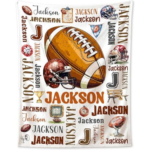 Personalized Football Blanket for Boys Girls,Custom Baby Blanket with Name for Newborn Toddler Kids,Customized Throw for Nursery Birthday Stroller Crib Swaddle,4 Size