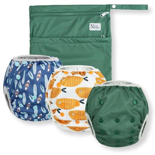 Nora's Nursery Reusable Swim Diapers and Wet Bag - One Size Fully Adjustable - Harbor Hues Unisex 3 Pack with Wet Bag
