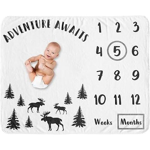 Sweet Jojo Designs Woodland Moose Boy Milestone Blanket Monthly Newborn First Year Growth Mat Baby Shower Memory Keepsake Gift Picture - Black and White Forest Adventure Awaits Rustic Patch