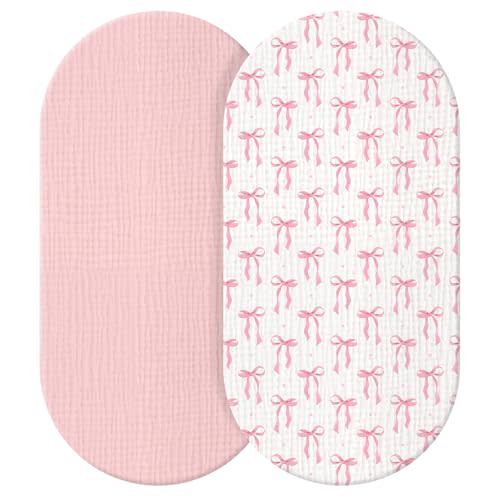 Breling Muslin Sheets for Girl Soft and Breathable 100% Cotton Baby Bed Sheets Fitted Coquette Bow Mattress Cover for Standard Mattress Size(Bow,32'' X 16'',Pink)