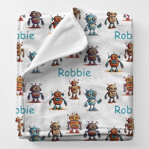 ROBOTS Personal Custom Name Blanket Gift For Boy, Personalized Toddler Boy Birthday Present, Baby Cuddly Toy Boy Minky Blanket Babygifts