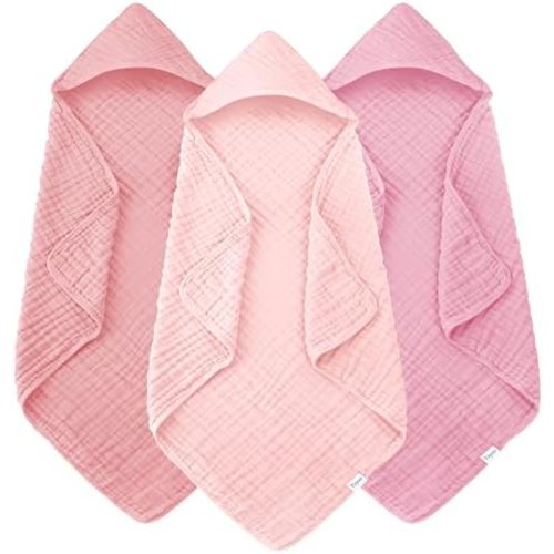 Muslin Hooded Baby Bath Towels - 3 Pack 100% Cotton Ultra-Soft Towels for Newborns, Infants, Toddlers - 32x32 Inch - Highly Absorbent, Quick-Dry Essentials for Bath Time, Beach, Pool, Sakura Series