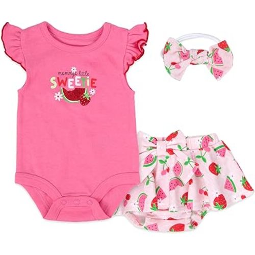 Baby Essentials Conjunto de traje para bebé, conjunto corto de 3 piezas con manga con volantes, bombones y diadema, colección de regalo