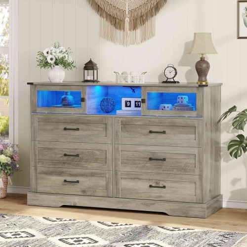 Hasuit | 47.2 Inch 6 Drawer Dresser with LED Lights and Charging Station Farmhouse Chest of Drawers Closet Organizer Clothes Storage Cabinet