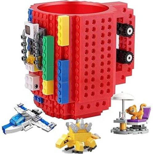 Build on Brick Coffee Mugs,Creative DIY Kids Party Cups with Building Blocks,Fun Novelty Gifts for Kids Childhood Adults Office Birthday Xmas,Red