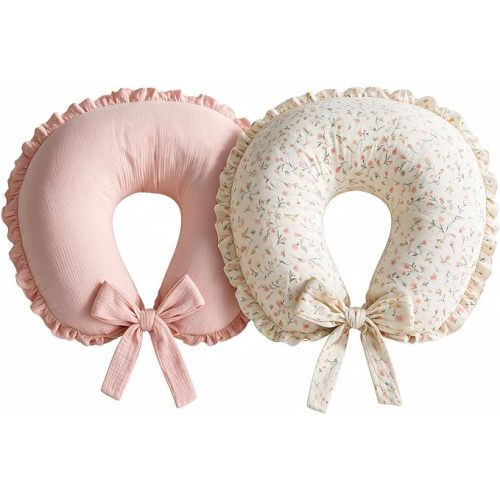 Hooyax Muslin Nursing Pillow Covers 2 Pack, Ruffle Breastfeeding Pillow Slipcovers with Extended Adjustable Strap, Soft Breathable Pillow Cover for Baby Boys Girls, Blush Pink Floral