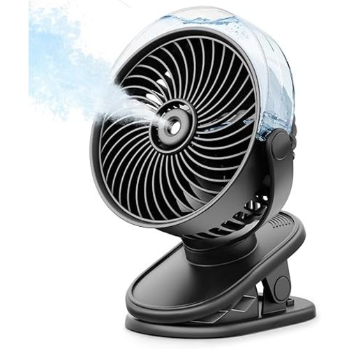 SWEETFULL Portable Misting Clip On Fan, USB-C Rechargeable Mini Personal Cooling Fan with 4 Speeds, 360° Rotatable, Quiet Cooling for Outdoor, Camping, Golf Cart, Travel, Stroller & Desk (Black)