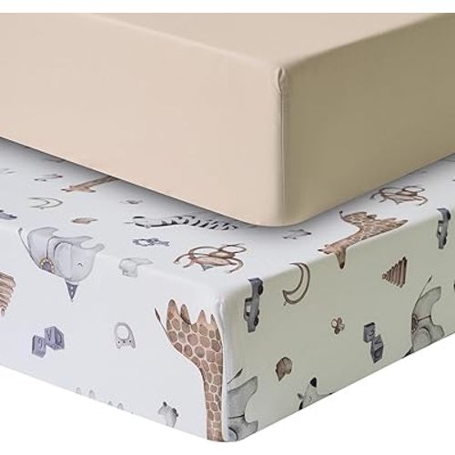 Paquete de 2 sábanas para cuna para niños y niñas, ajuste elástico completo para colchones estándar de cuna (28 x 52 pulgadas), elegantes animales del zoológico, plumas y punta de flecha, guinga y
