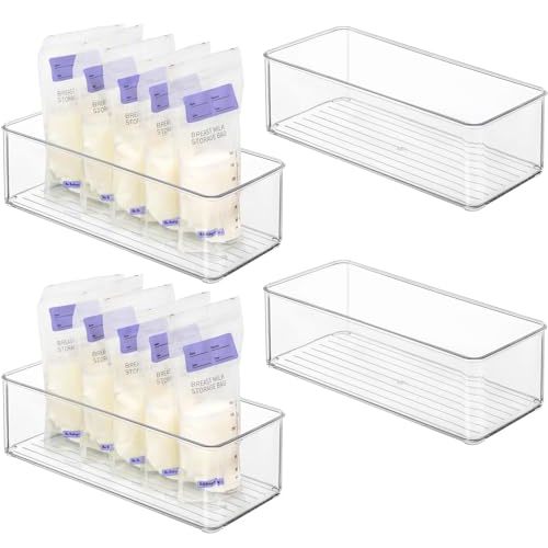 Hudgan 4 Pcs Storage Container Breastmilk for Fridge, Clear Organizer Bins for Milk Bags, Plastic Storage Bins for Freezer, Pantry, Bottles Bathroom, Vanity, Drawer and Yogurts
