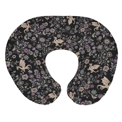 Fantasy Floral Dragons Baby Nursing Pillow Covers for Boy Girl Fairytale Dragon Gothic Black Purple Flowers Nursing Slipcovers for Breastfeeding Pillows Animal Soft Stretchy Cover for Newborn Infant