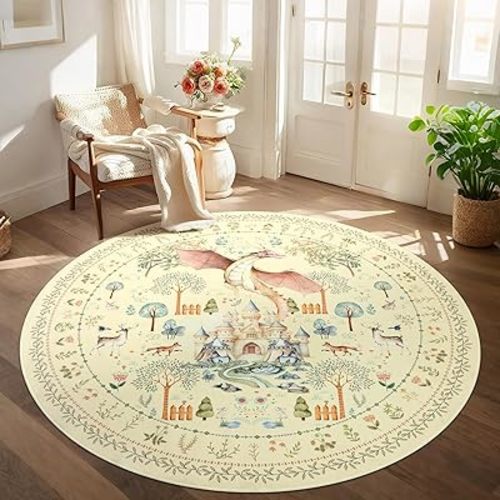 nesrt Round Washable Area Rugs for Living Room Nursery 6Ft, Yellow Dragon Print Kids Bedroom Rugs Non Slip, Soft Forest Dining Room Floor Carpets for Playroom Entryway Home Office Decor