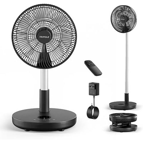 TriPole Foldable Standing Fan 12" Portable Rechargeable Battery Pedestal Fan with Remote, Timer Setting, Height Adjustable, for Home Office, 6 Speed, 12000mAh (Black)