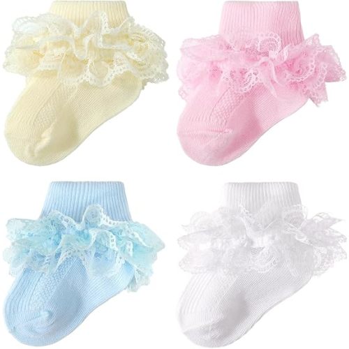 AQOKKA Baby Girls Socks Eyelet Ruffle Frilly Lace Summer Thin Dress Socks for Newborn Infant Toddler Kids