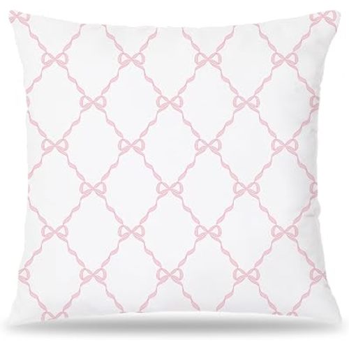 Coquette Pink Bow Pillow Covers 18x18, Preppy Block Print Pillow Covers, Preppy Room Decor, Girly Bedroom Decor, Coquette Stuff