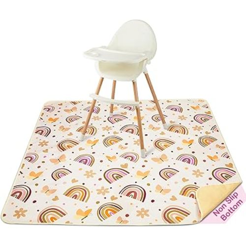 Basumee Splat Mat High Chair Food Catcher - Waterproof, Non Slip, Brown Rainbow, 51x51 Inches